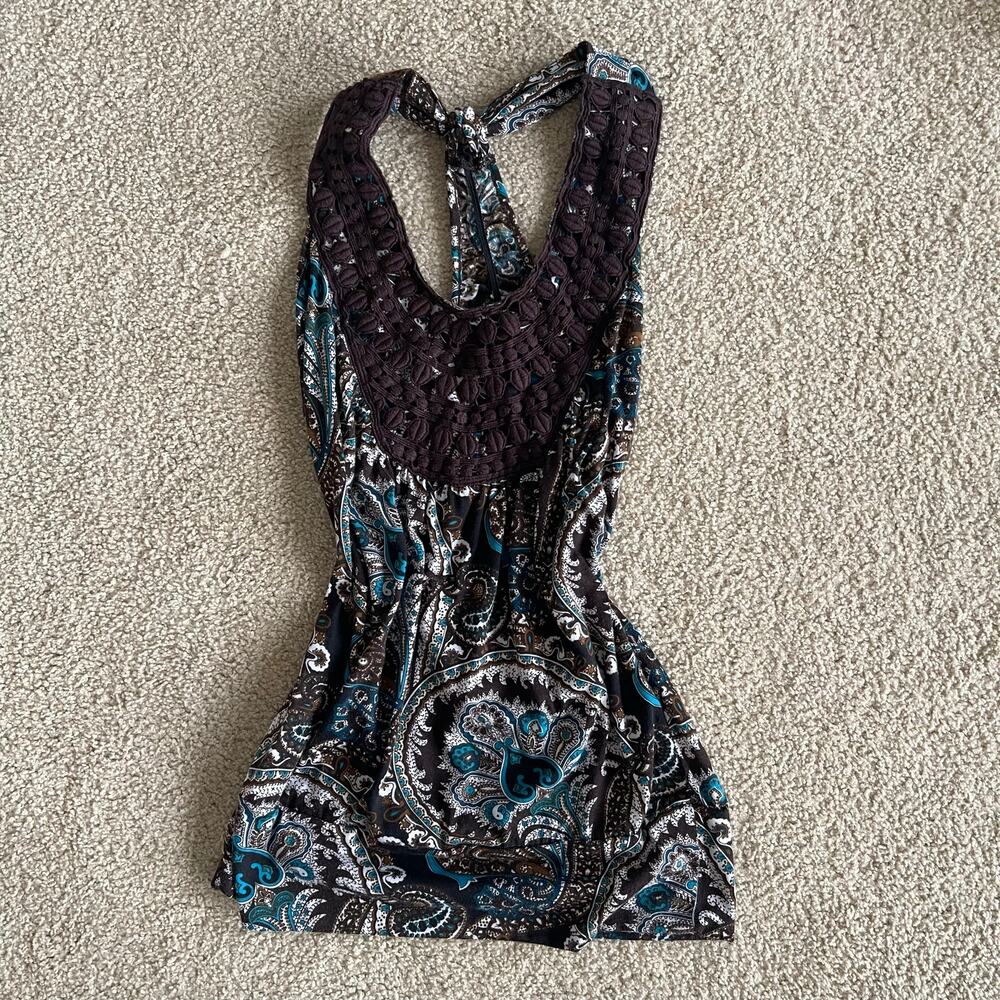 Y2K brown teal paisley crochet boho halter top - Size S